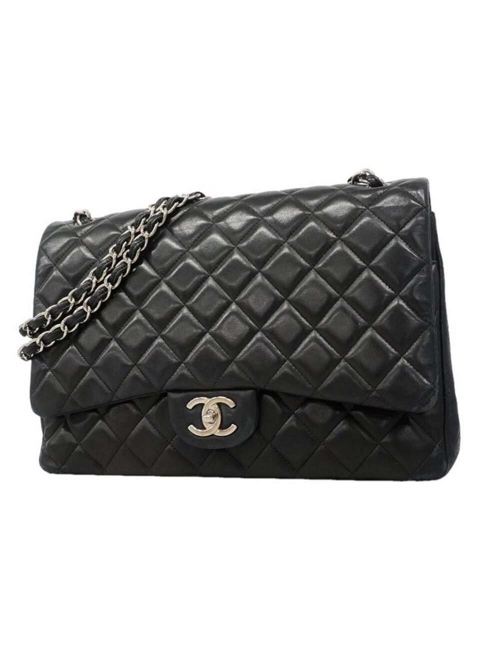 Chanel Shoulder Bag Maxi Quilted Lambskin Black Silver